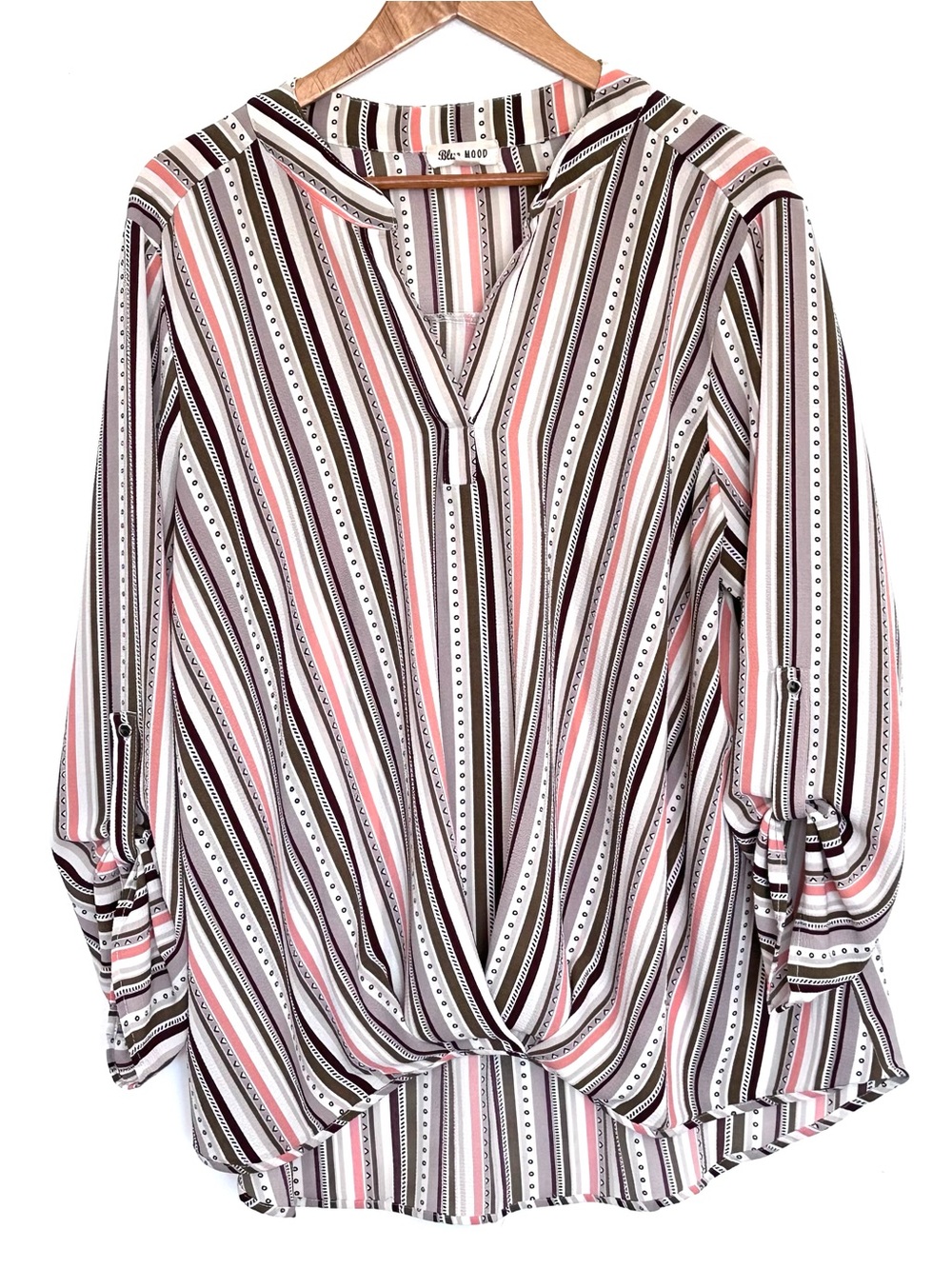 Blue Mood Plus Shirt Women 3X Striped 3/4 Roll Tab Sleeve Lightweight Top
